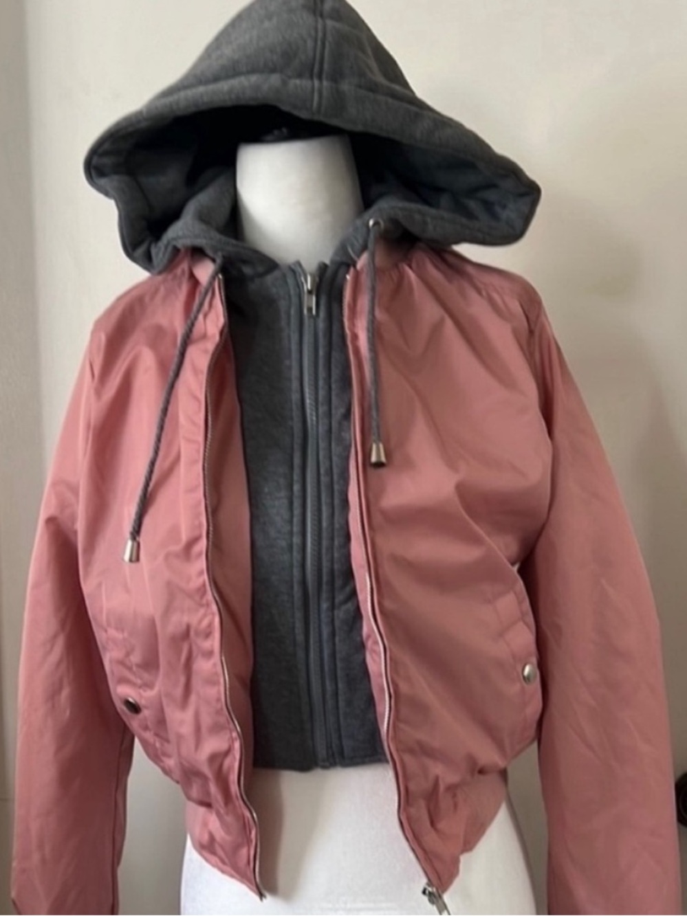 Fashion Nova • NWT • Women’s S • Dusty Rose Bomber Jacket • Gray Hooded Layer